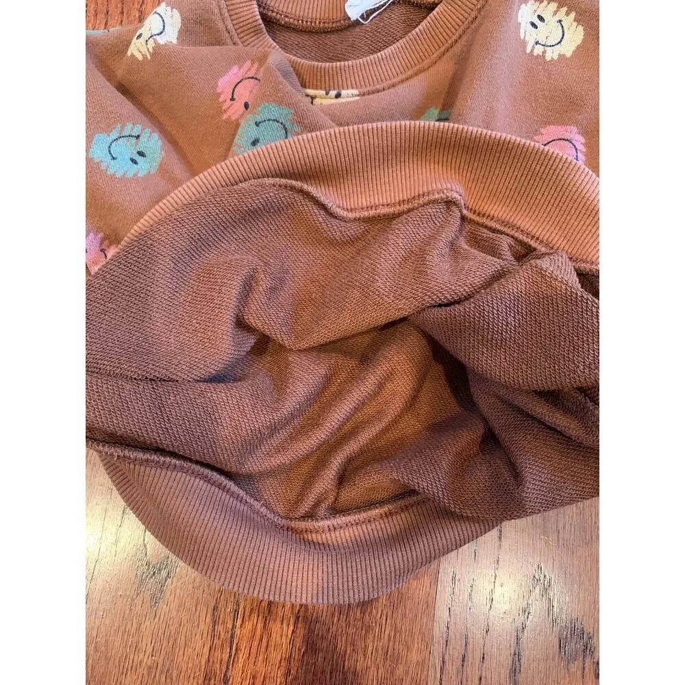 Smitn Bebe Scribble Happy Face Cotton Matching Sweatsuit Set | Brown | Small